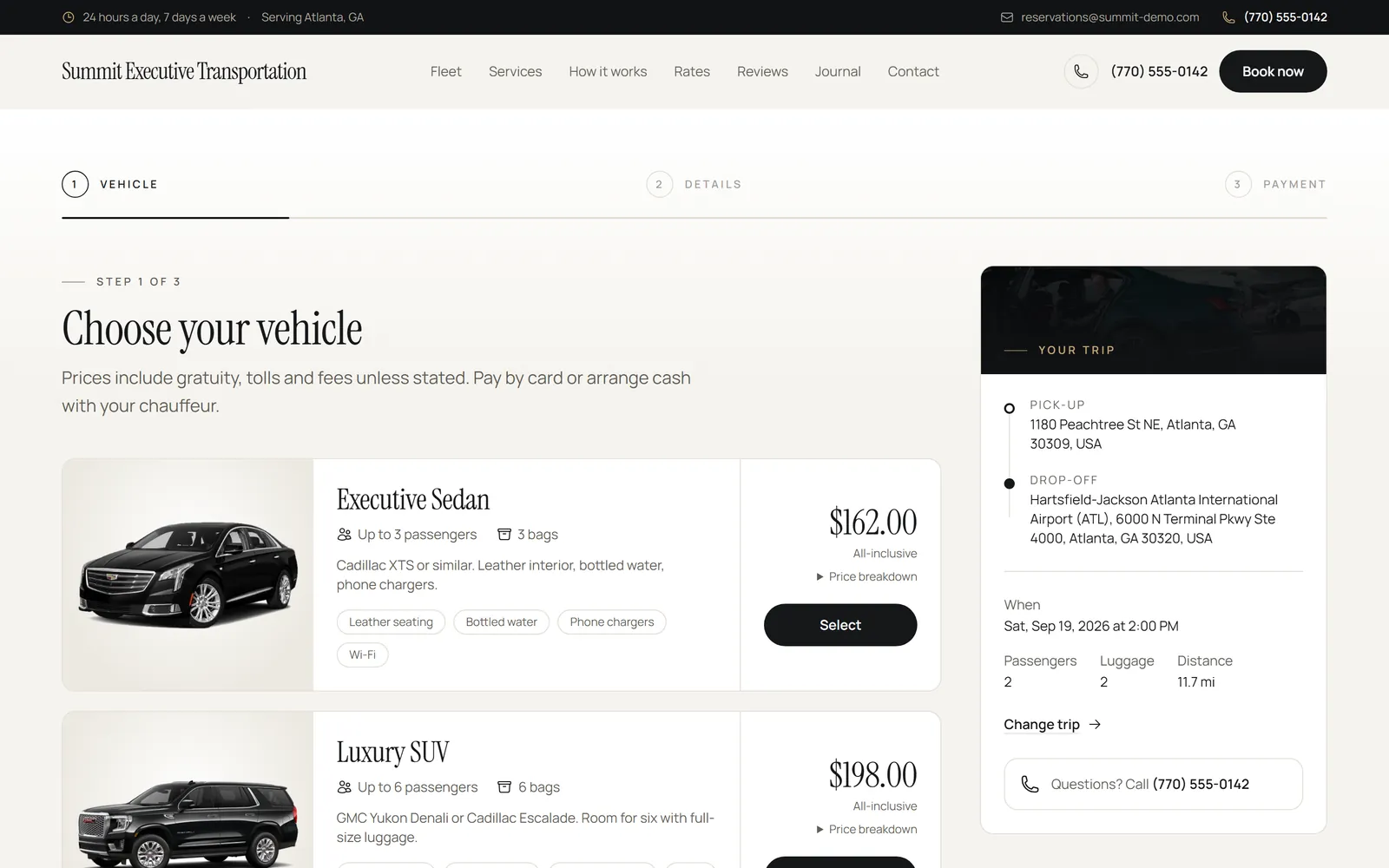 Choosing a vehicle on the demo operator website, each priced for the same trip